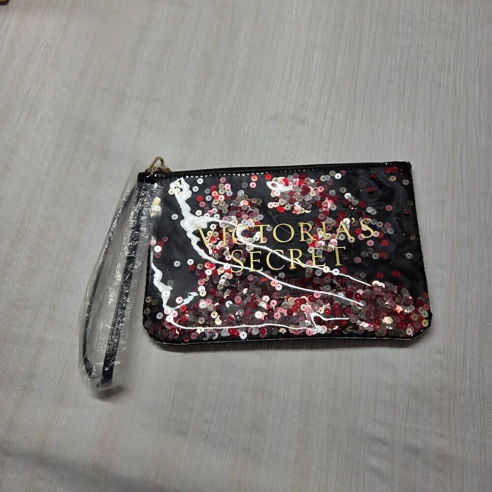 Victoria's Secret Limited Edition Black Sequin Wristlet Cosmetic Makeup Bag 9